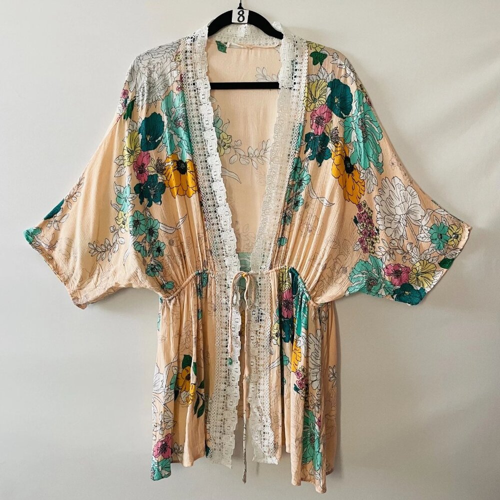 Hummingbird Multicolor Crochet Lace Detail Floral Boho Kimono Cardigan Sz XL